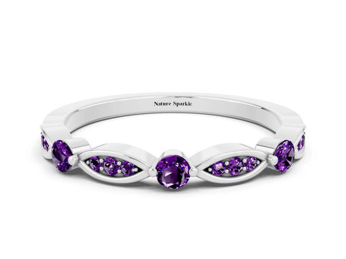 Alternating Marquise and Round Amethyst Milgrain Band in Platinum with Bezel Setting