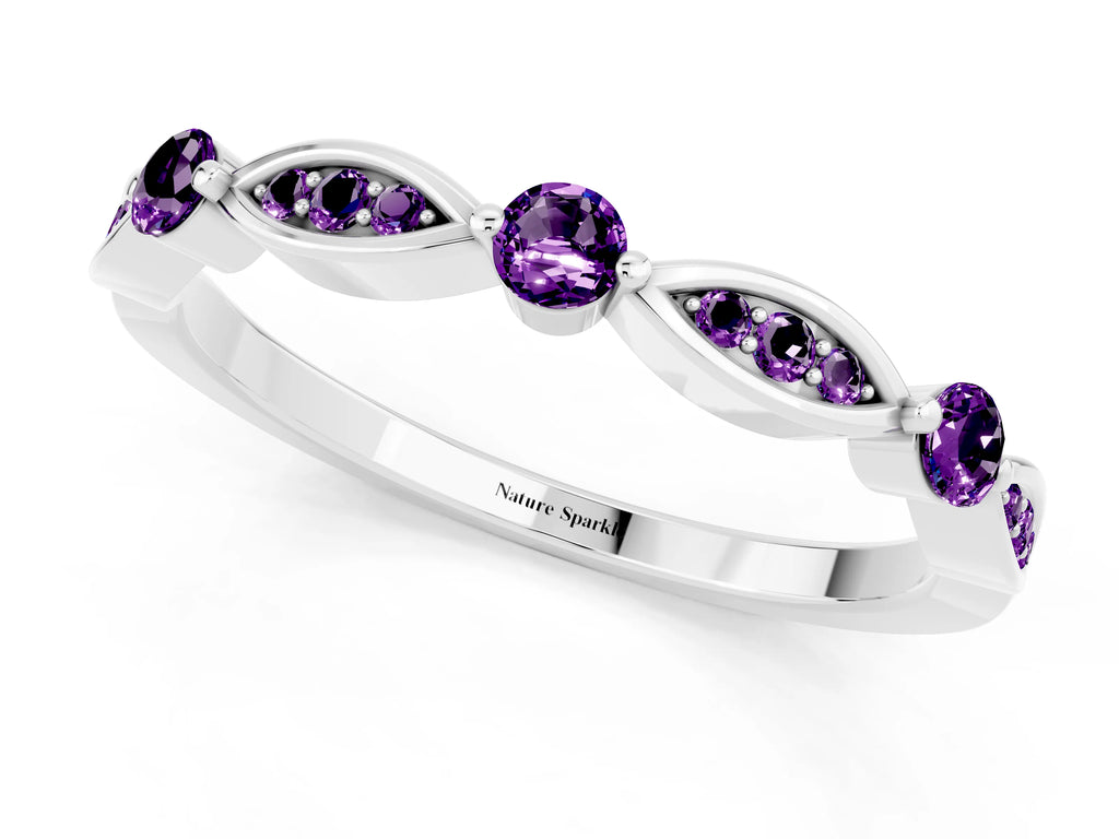 Alternating Marquise and Round Amethyst Milgrain Band in Platinum with Bezel Setting