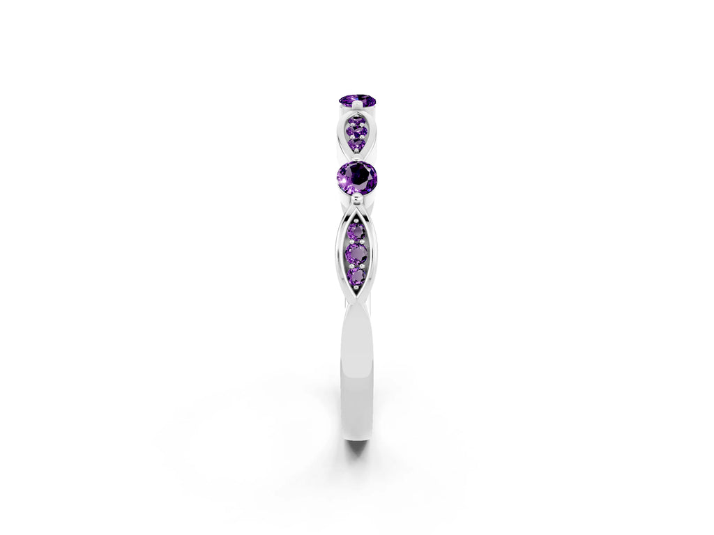 Alternating Marquise and Round Amethyst Milgrain Band in Platinum with Bezel Setting