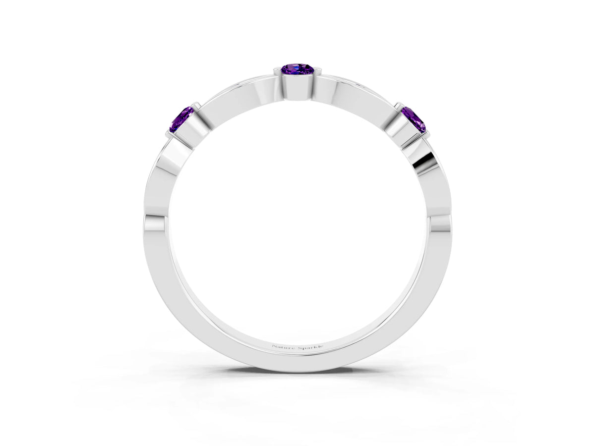 Alternating Marquise and Round Amethyst Milgrain Band in Platinum with Bezel Setting