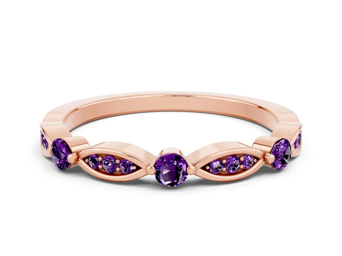 Alternating Marquise and Round Amethyst Milgrain Band in Rose gold with Bezel Setting 