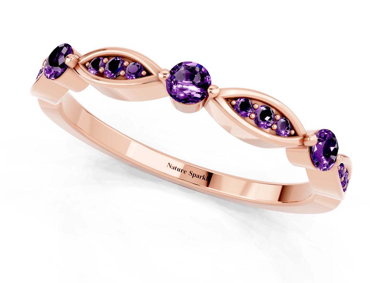 Alternating Marquise and Round Amethyst Milgrain Band in Rose gold with Bezel Setting