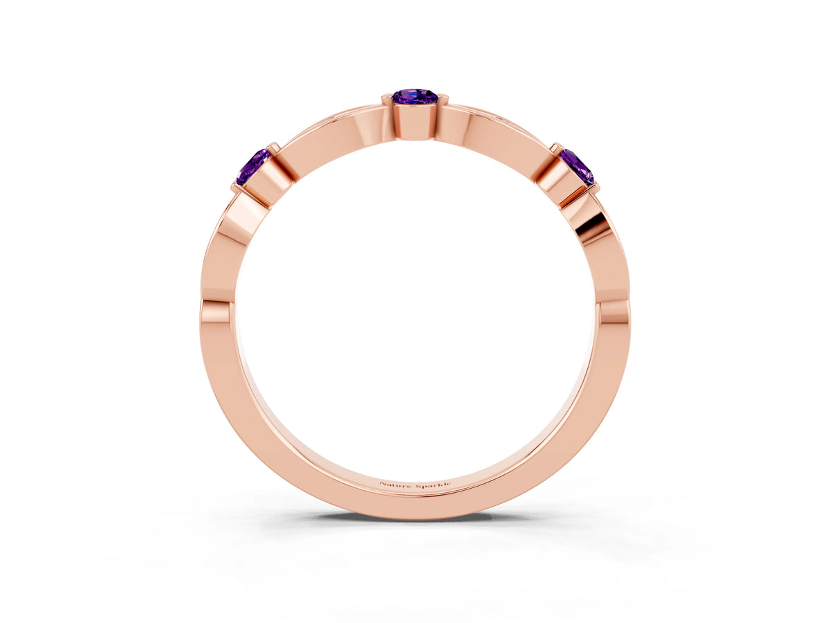 Alternating Marquise and Round Amethyst Milgrain Band in Rose gold with Bezel Setting