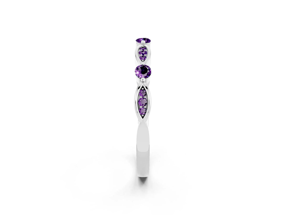 Alternating Marquise and Round Amethyst Milgrain Band in Silver with Bezel Setting