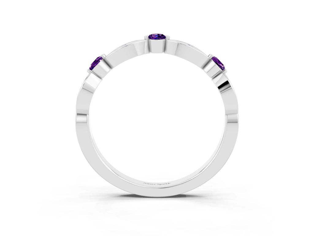 Alternating Marquise and Round Amethyst Milgrain Band in Silver with Bezel Setting