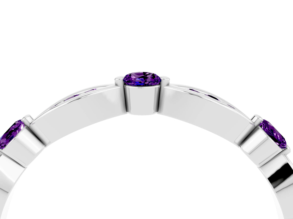 Alternating Marquise and Round Amethyst Milgrain Band in Silver with Bezel Setting