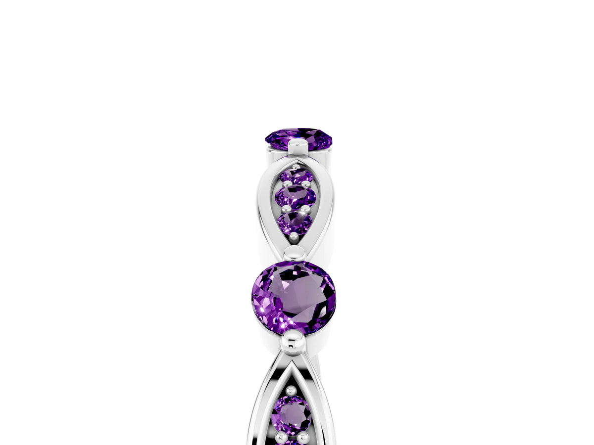 Alternating Marquise and Round Amethyst Milgrain Band in Silver with Bezel Setting