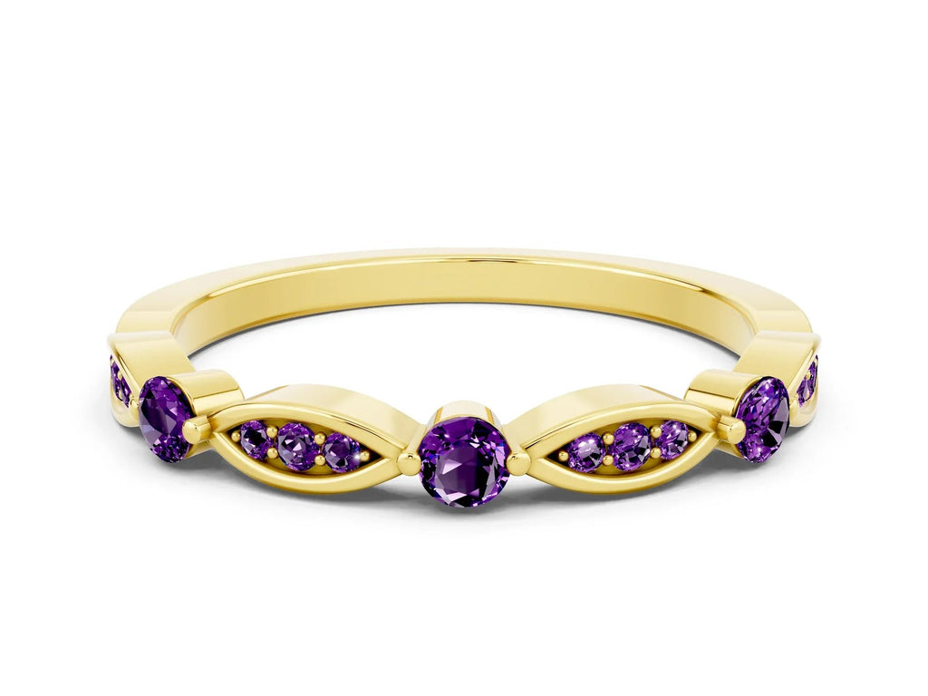 Alternating Marquise and Round Amethyst Milgrain Band in Yellow gold with Bezel Setting 