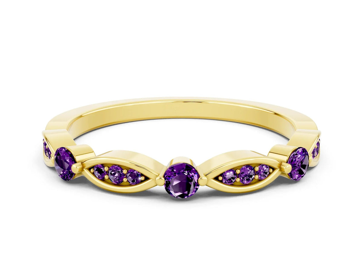 Alternating Marquise and Round Amethyst Milgrain Band in Yellow gold with Bezel Setting 