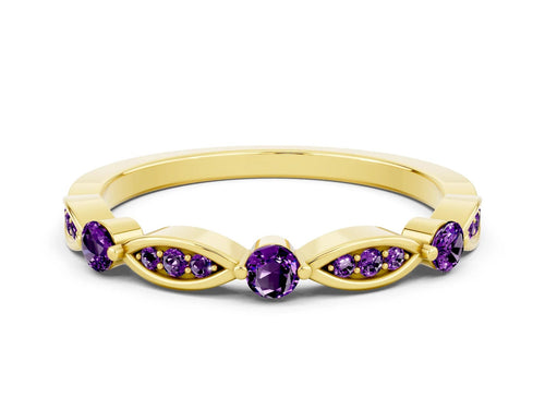 Alternating Marquise and Round Amethyst Milgrain Band in Yellow gold with Bezel Setting 