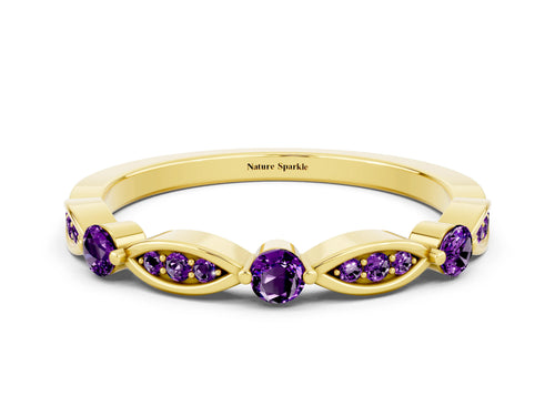 Alternating Marquise and Round Amethyst Milgrain Band in Yellow gold with Bezel Setting