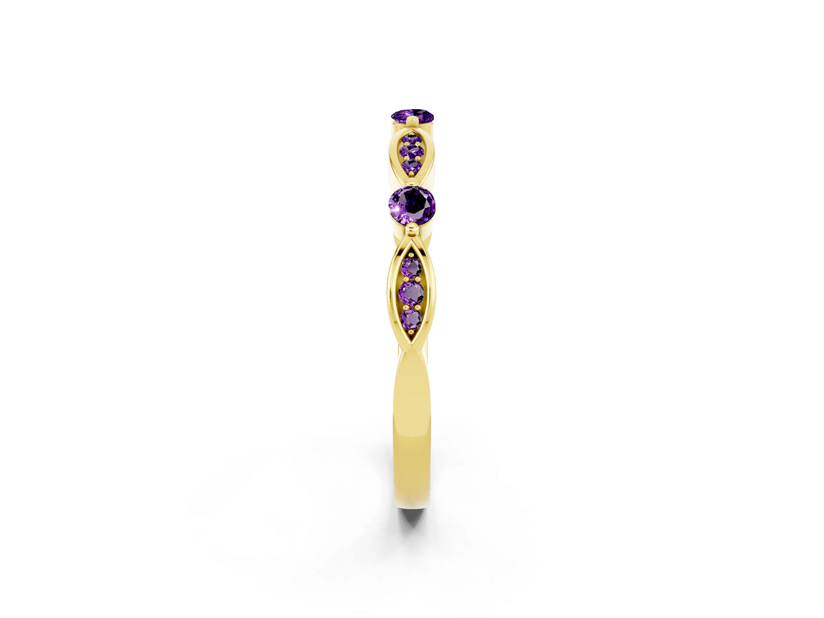 Alternating Marquise and Round Amethyst Milgrain Band in Yellow gold with Bezel Setting