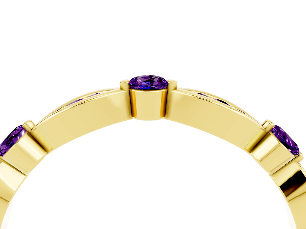 Alternating Marquise and Round Amethyst Milgrain Band in Yellow gold with Bezel Setting