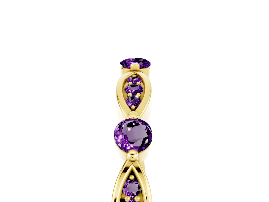 Alternating Marquise and Round Amethyst Milgrain Band in Yellow gold with Bezel Setting