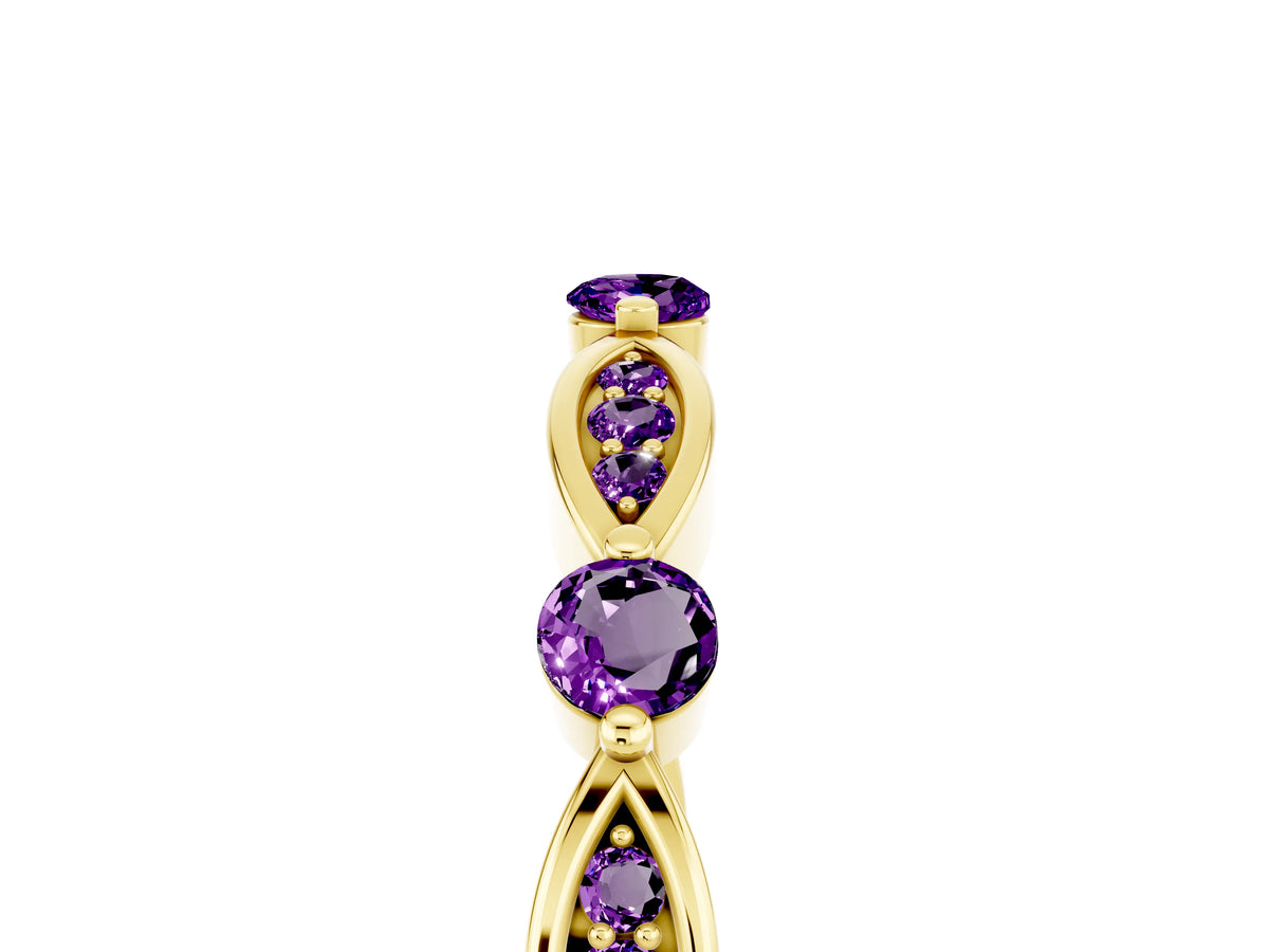 Alternating Marquise and Round Amethyst Milgrain Band in Yellow gold with Bezel Setting