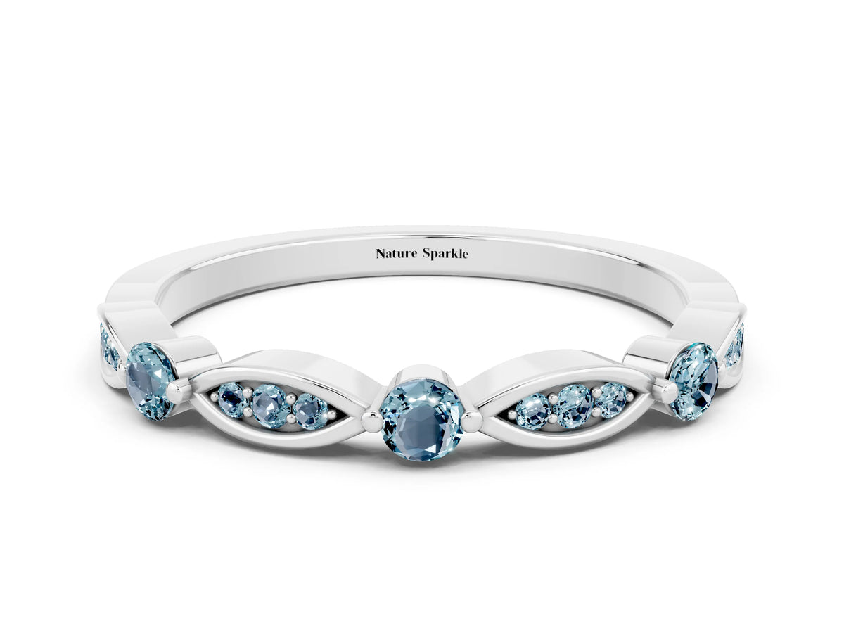 Alternating Marquise and Round Aquamarine Milgrain Band in Platinum with Bezel Setting