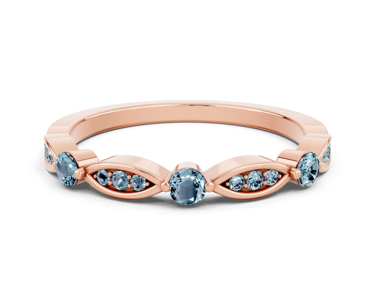 Alternating Marquise and Round Aquamarine Milgrain Band in Rose gold with Bezel Setting 