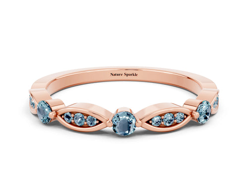 Alternating Marquise and Round Aquamarine Milgrain Band in Rose gold with Bezel Setting