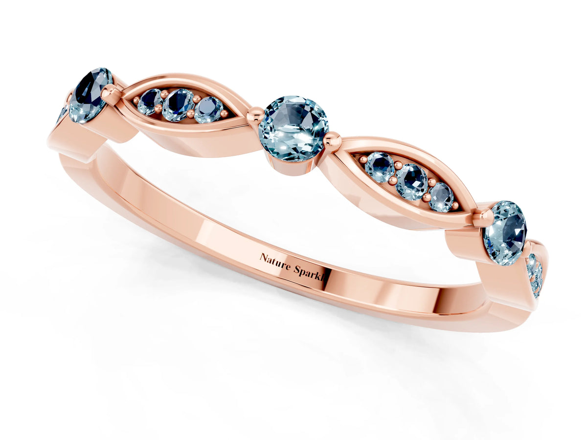 Alternating Marquise and Round Aquamarine Milgrain Band in Rose gold with Bezel Setting
