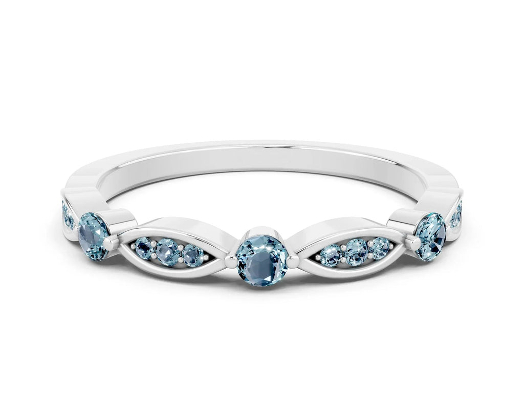 Alternating Marquise and Round Aquamarine Milgrain Band in Silver with Bezel Setting 