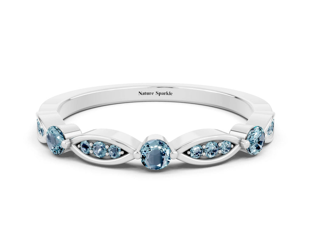 Alternating Marquise and Round Aquamarine Milgrain Band in Silver with Bezel Setting