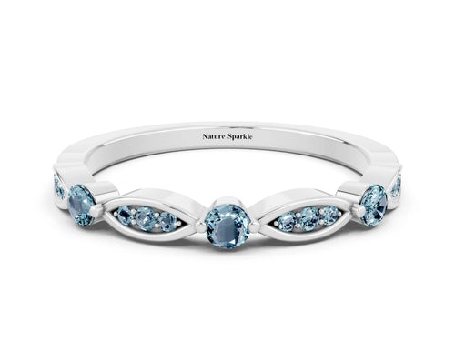 Alternating Marquise and Round Aquamarine Milgrain Band in Silver with Bezel Setting