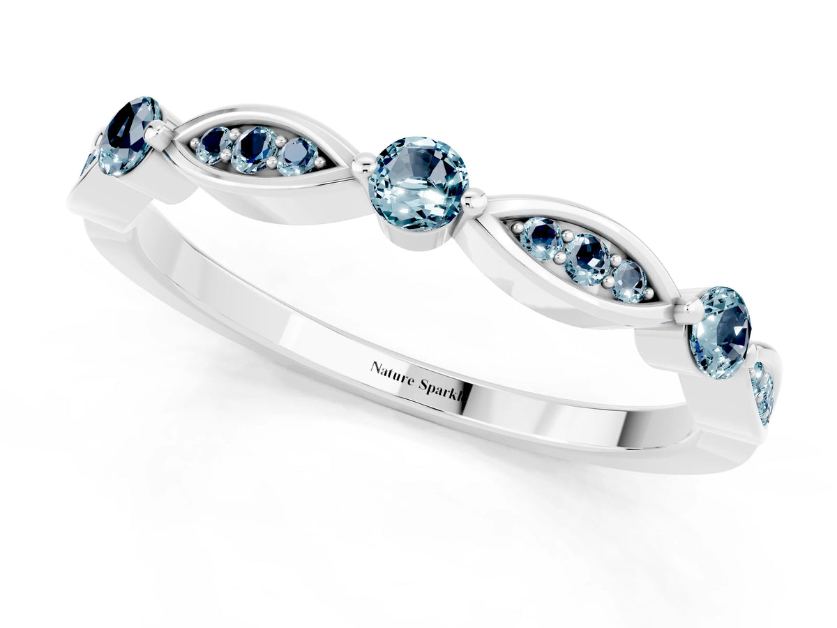 Alternating Marquise and Round Aquamarine Milgrain Band in Silver with Bezel Setting