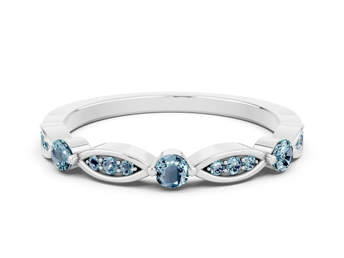 Alternating Marquise and Round Aquamarine Milgrain Band in White gold with Bezel Setting 