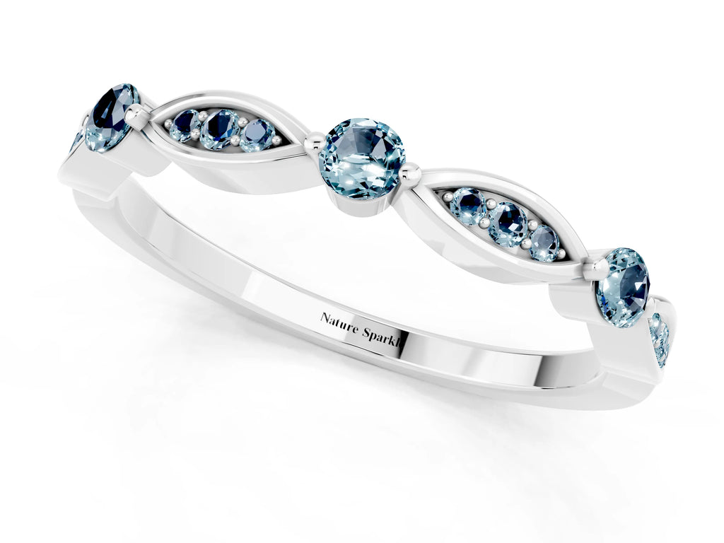 Alternating Marquise and Round Aquamarine Milgrain Band in White gold with Bezel Setting