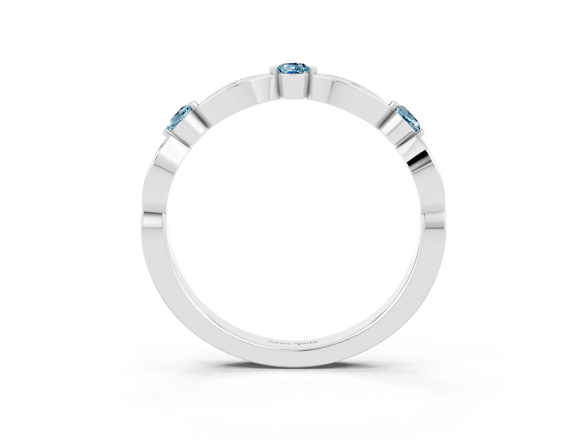 Alternating Marquise and Round Aquamarine Milgrain Band in White gold with Bezel Setting