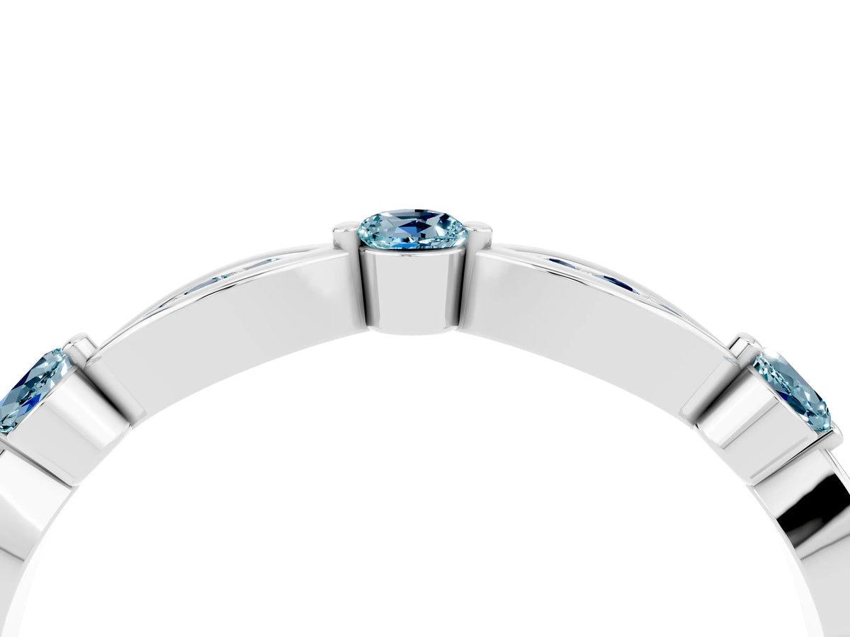 Alternating Marquise and Round Aquamarine Milgrain Band in White gold with Bezel Setting