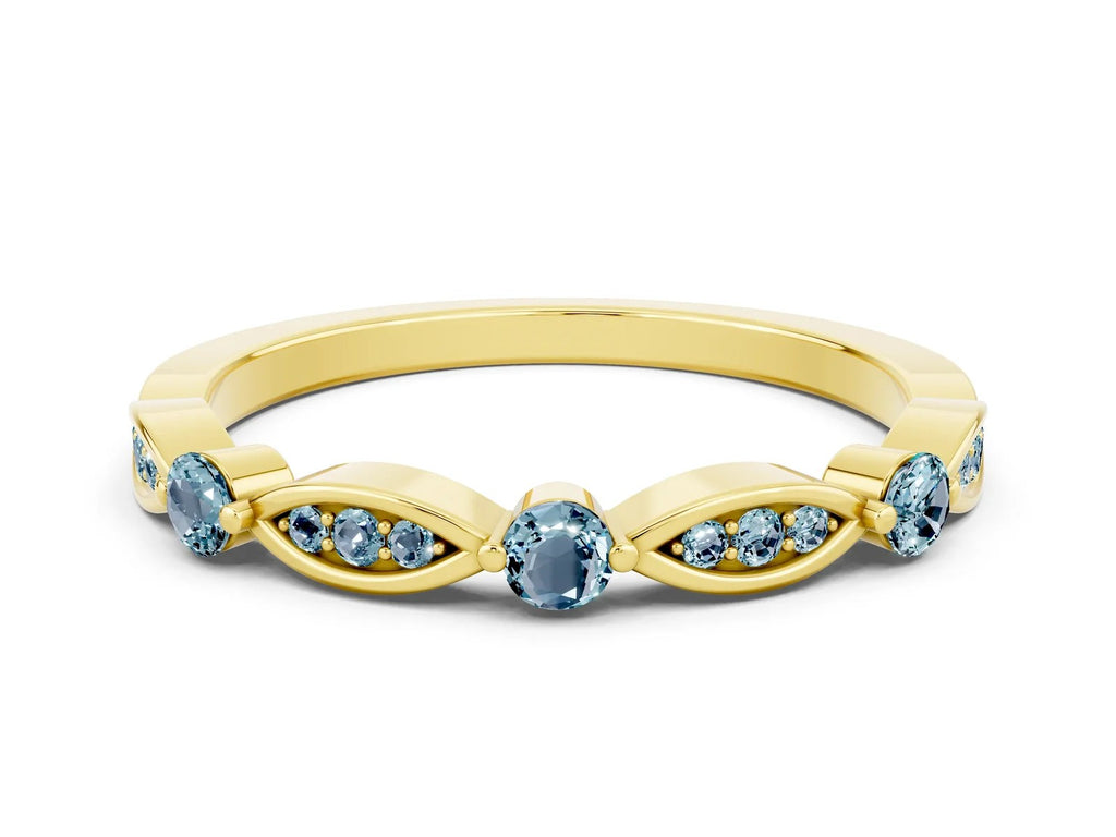 Alternating Marquise and Round Aquamarine Milgrain Band in Yellow gold with Bezel Setting 