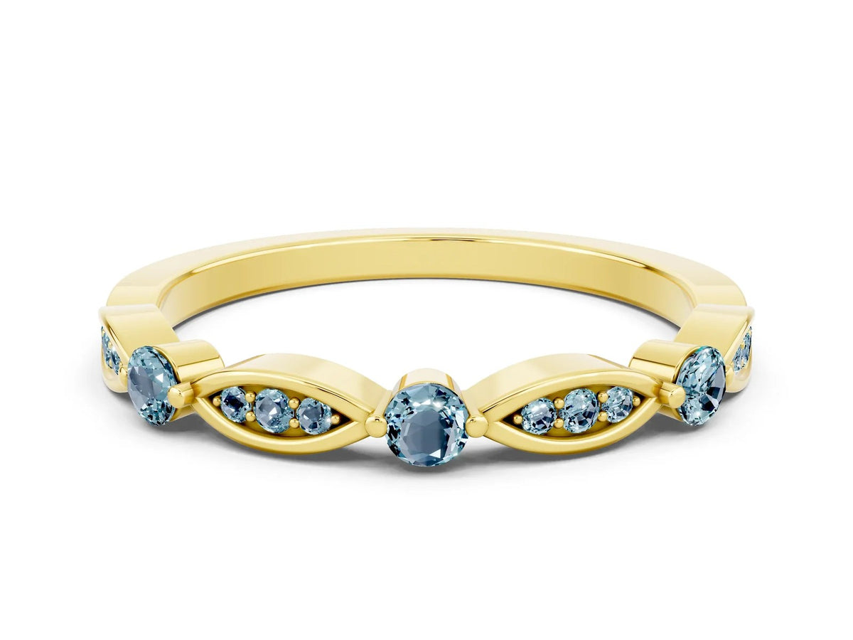 Alternating Marquise and Round Aquamarine Milgrain Band in Yellow gold with Bezel Setting 