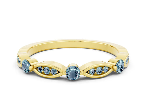 Alternating Marquise and Round Aquamarine Milgrain Band in Yellow gold with Bezel Setting 