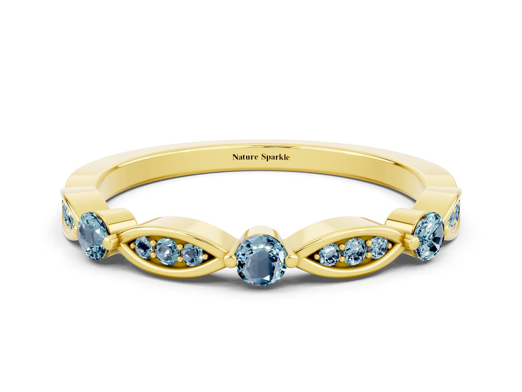Alternating Marquise and Round Aquamarine Milgrain Band in Yellow gold with Bezel Setting