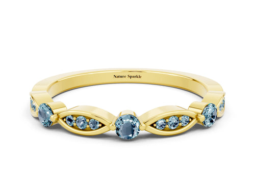 Alternating Marquise and Round Aquamarine Milgrain Band in Yellow gold with Bezel Setting