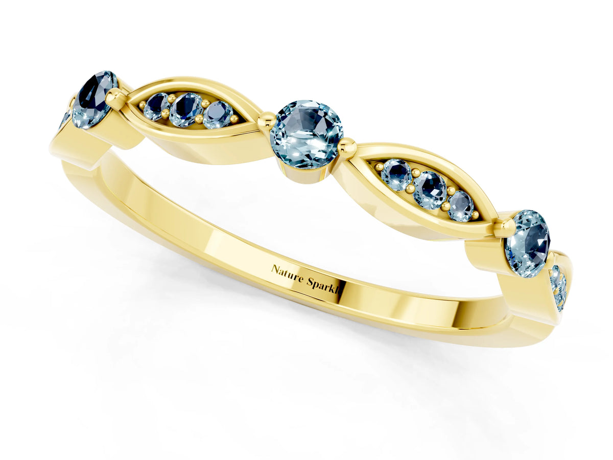 Alternating Marquise and Round Aquamarine Milgrain Band in Yellow gold with Bezel Setting