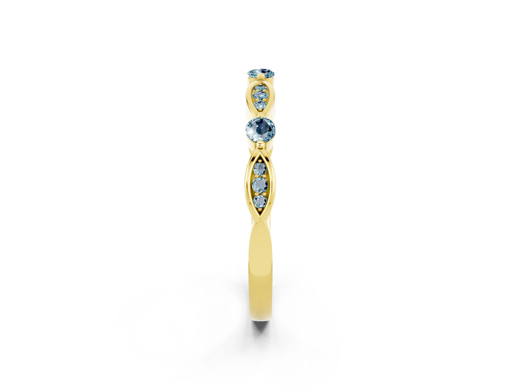 Alternating Marquise and Round Aquamarine Milgrain Band in Yellow gold with Bezel Setting