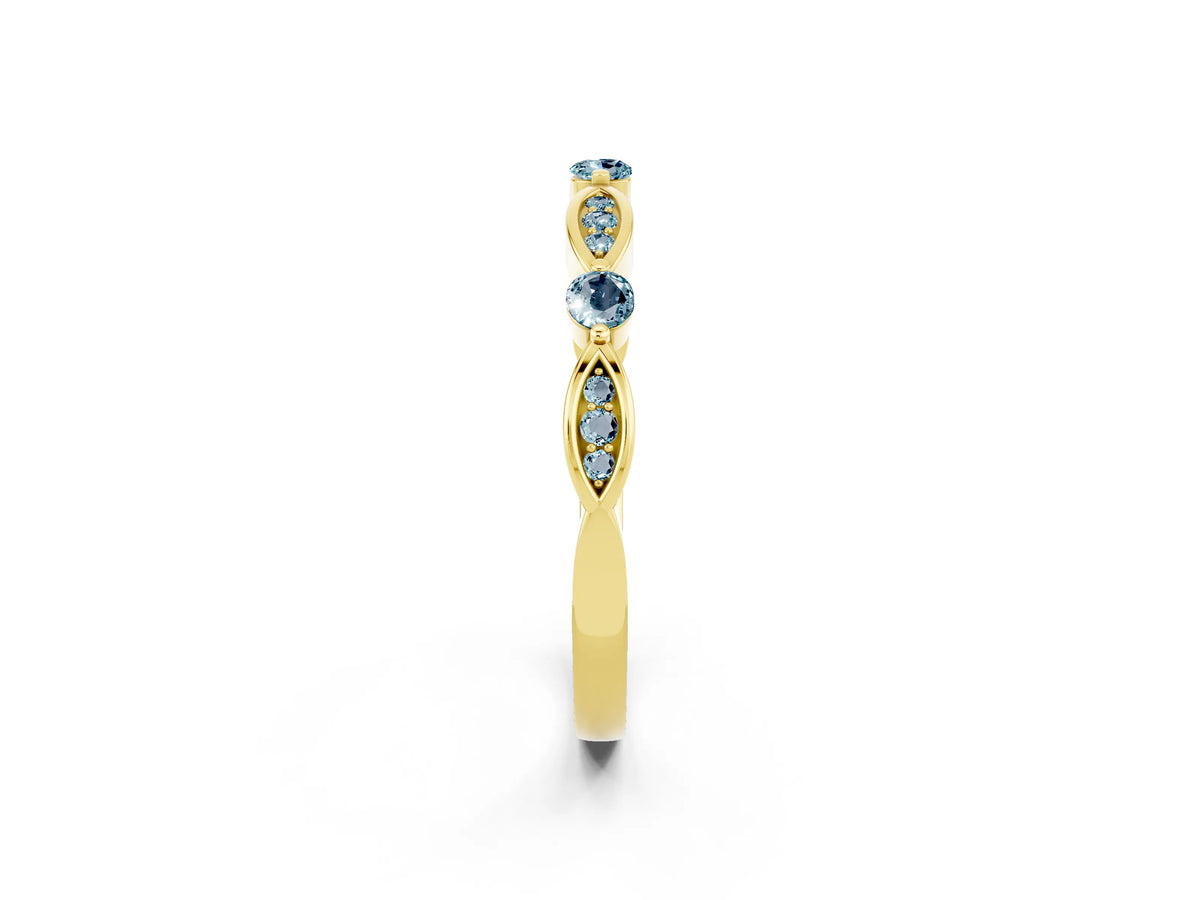 Alternating Marquise and Round Aquamarine Milgrain Band in Yellow gold with Bezel Setting