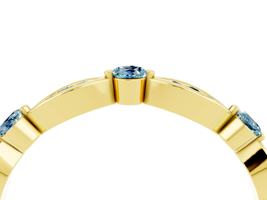 Alternating Marquise and Round Aquamarine Milgrain Band in Yellow gold with Bezel Setting