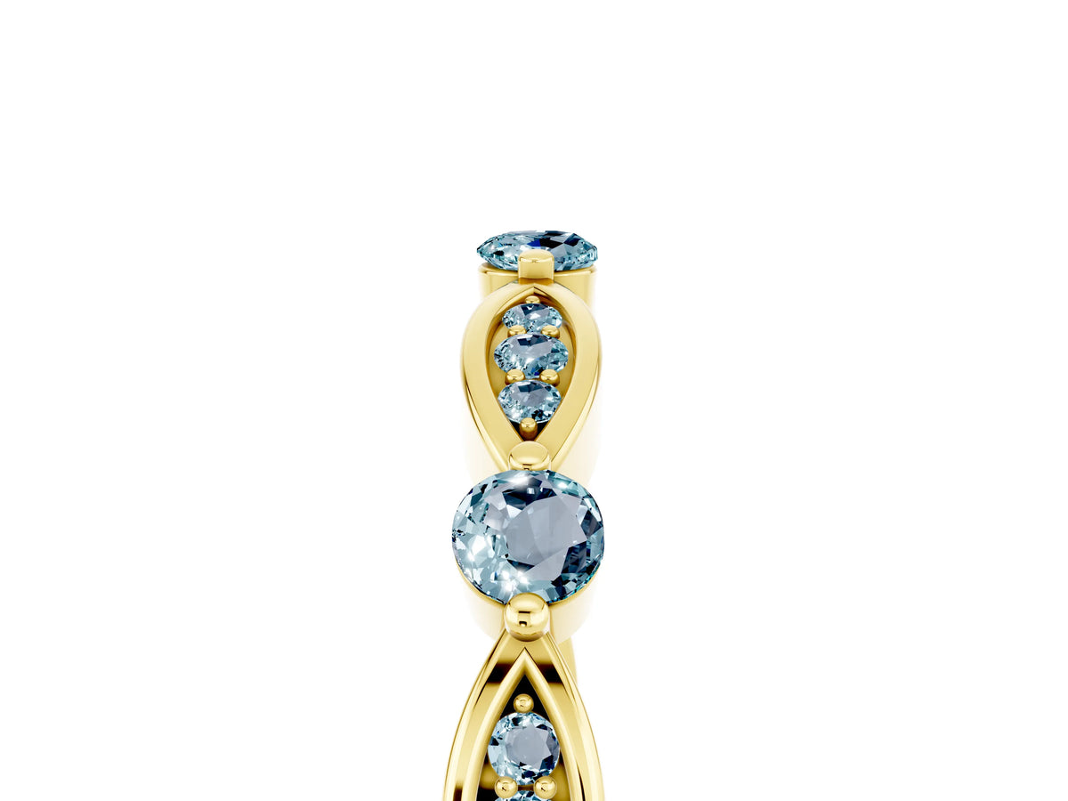 Alternating Marquise and Round Aquamarine Milgrain Band in Yellow gold with Bezel Setting