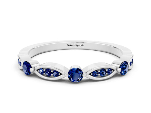Alternating Marquise and Round Blue Sapphire Milgrain Band in Platinum with Bezel Setting