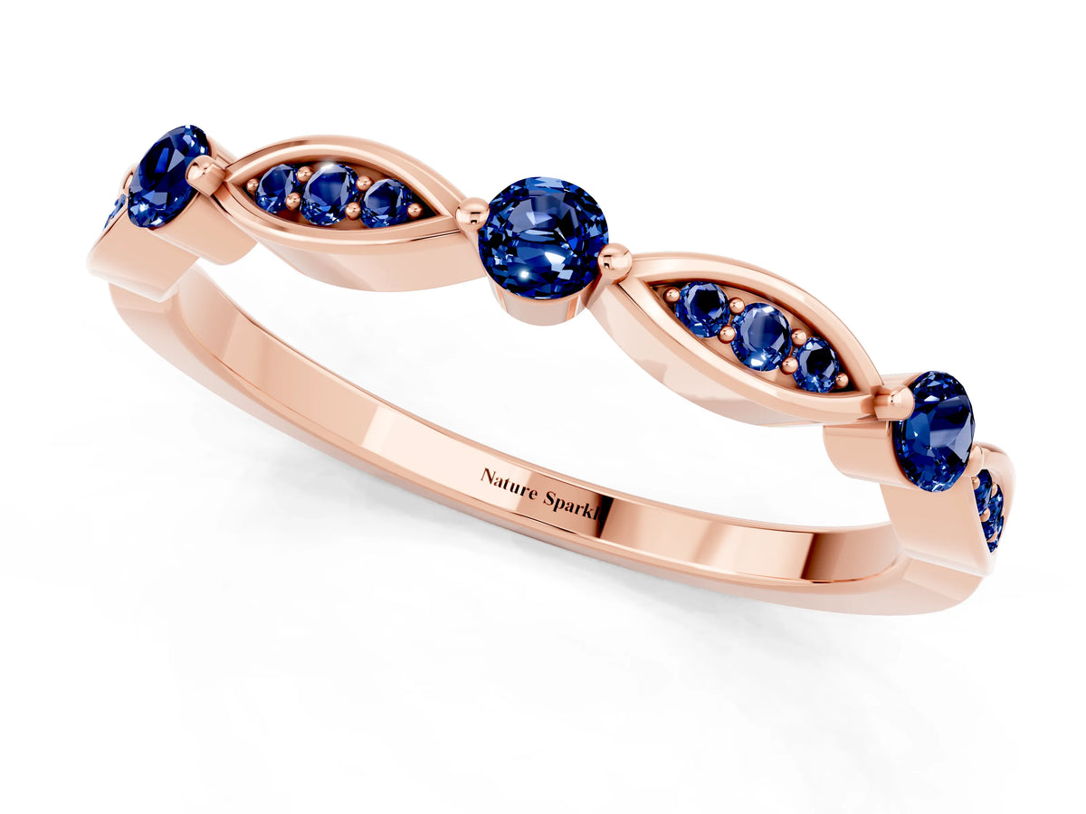 Alternating Marquise and Round Blue Sapphire Milgrain Band in Rose gold with Bezel Setting