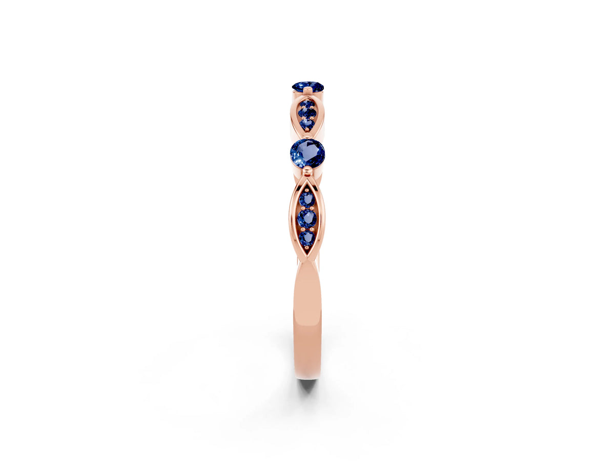 Alternating Marquise and Round Blue Sapphire Milgrain Band in Rose gold with Bezel Setting