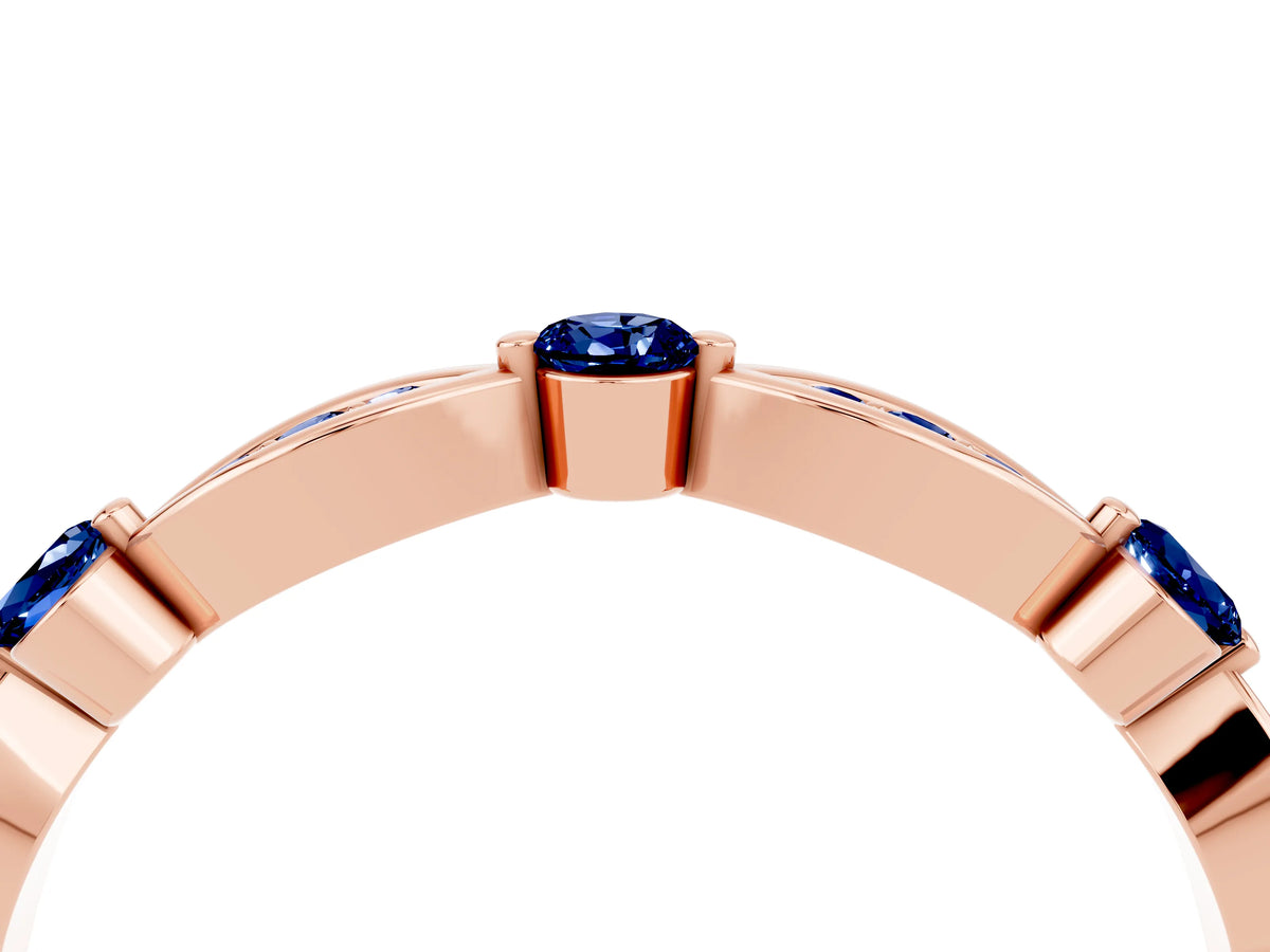 Alternating Marquise and Round Blue Sapphire Milgrain Band in Rose gold with Bezel Setting