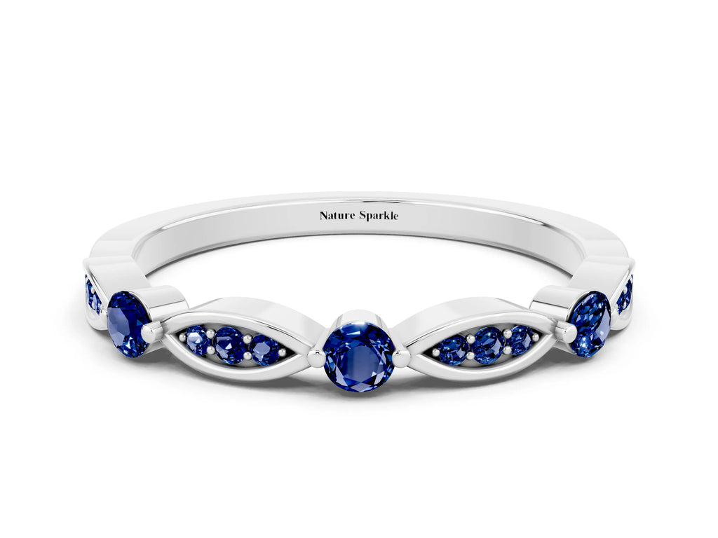 Alternating Marquise and Round Blue Sapphire Milgrain Band in Silver with Bezel Setting