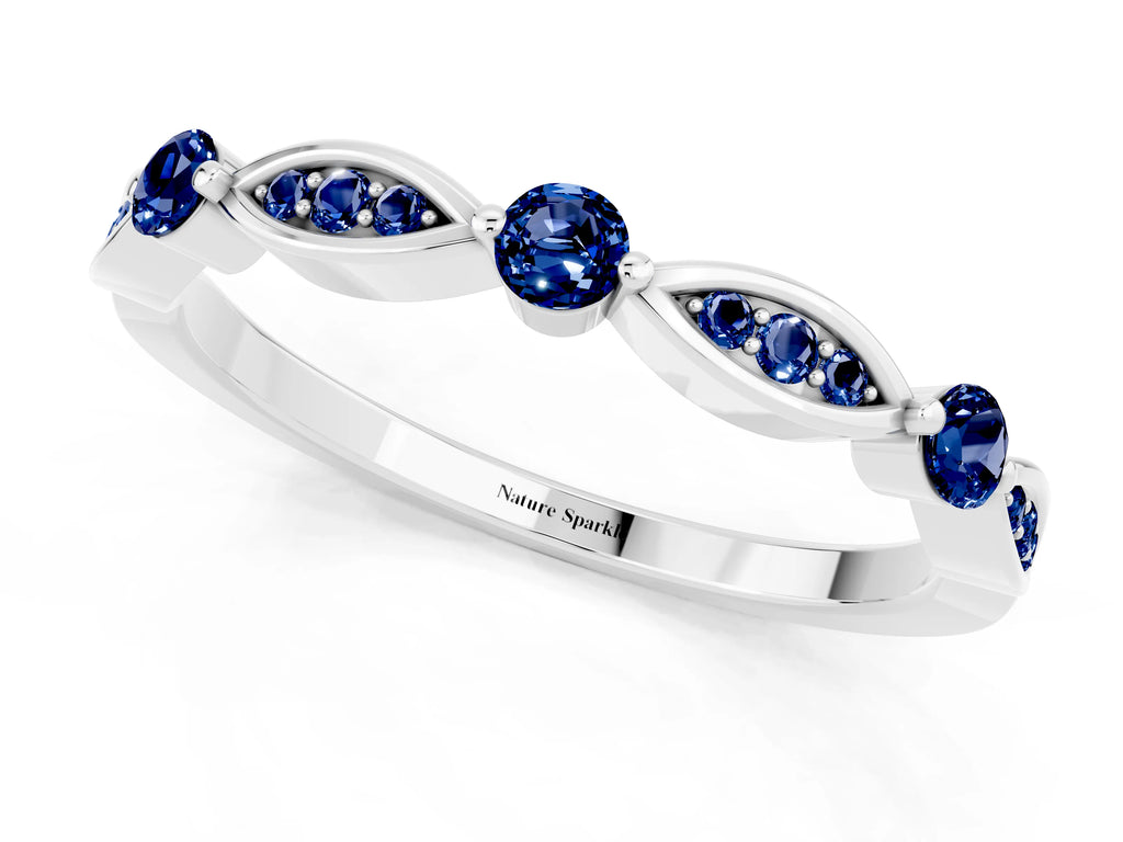 Alternating Marquise and Round Blue Sapphire Milgrain Band in Silver with Bezel Setting