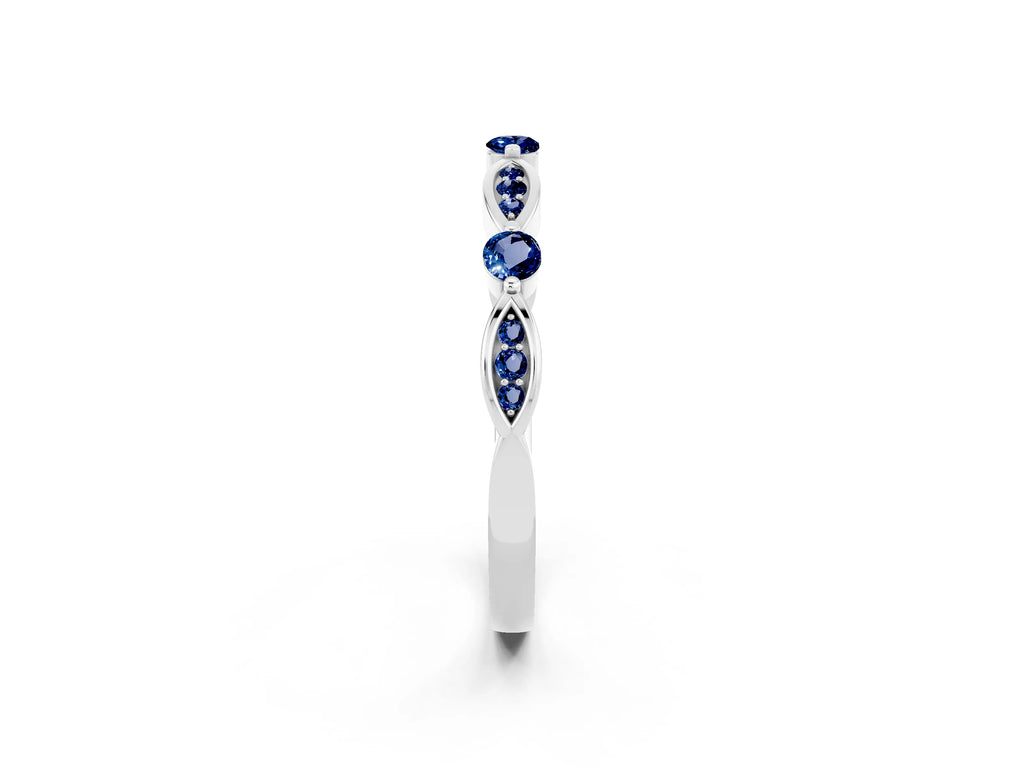 Alternating Marquise and Round Blue Sapphire Milgrain Band in Silver with Bezel Setting