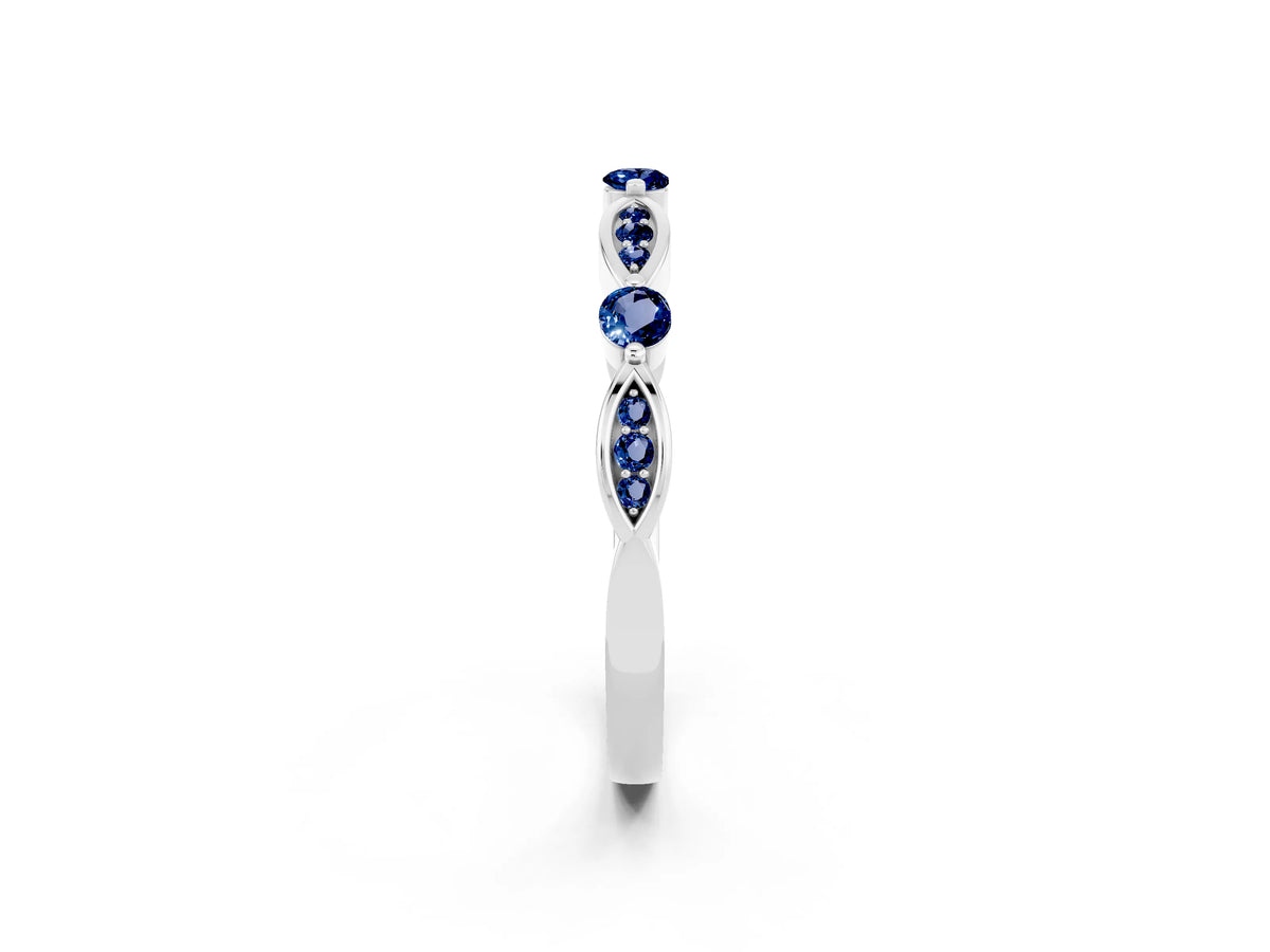 Alternating Marquise and Round Blue Sapphire Milgrain Band in Silver with Bezel Setting