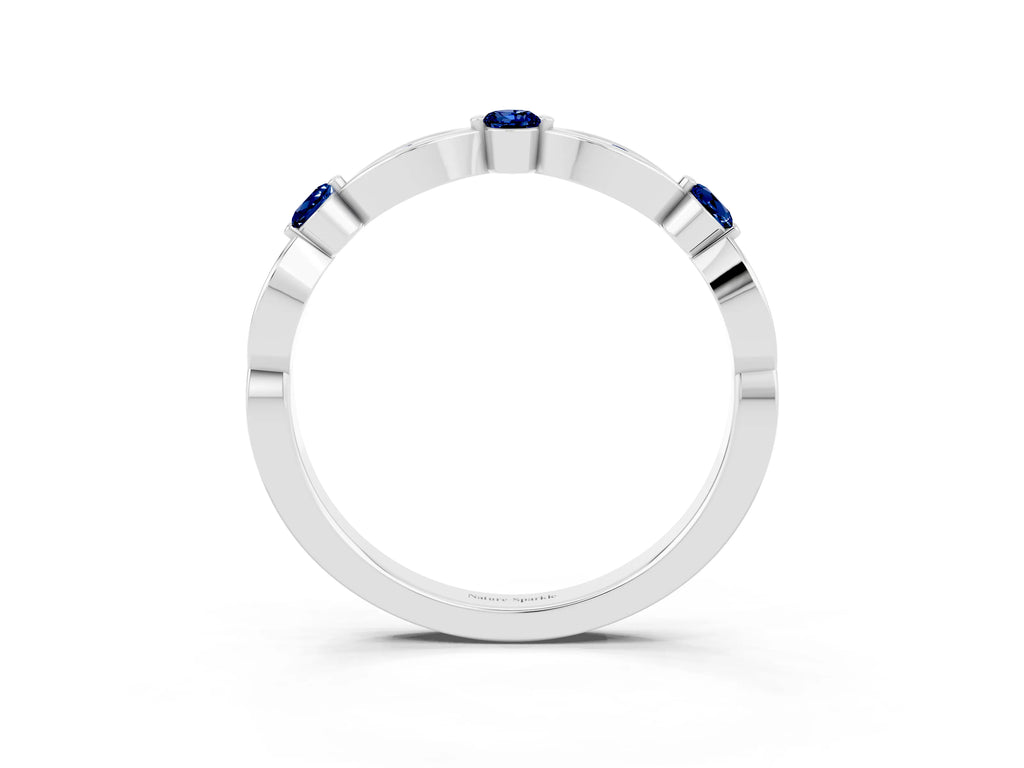 Alternating Marquise and Round Blue Sapphire Milgrain Band in Silver with Bezel Setting